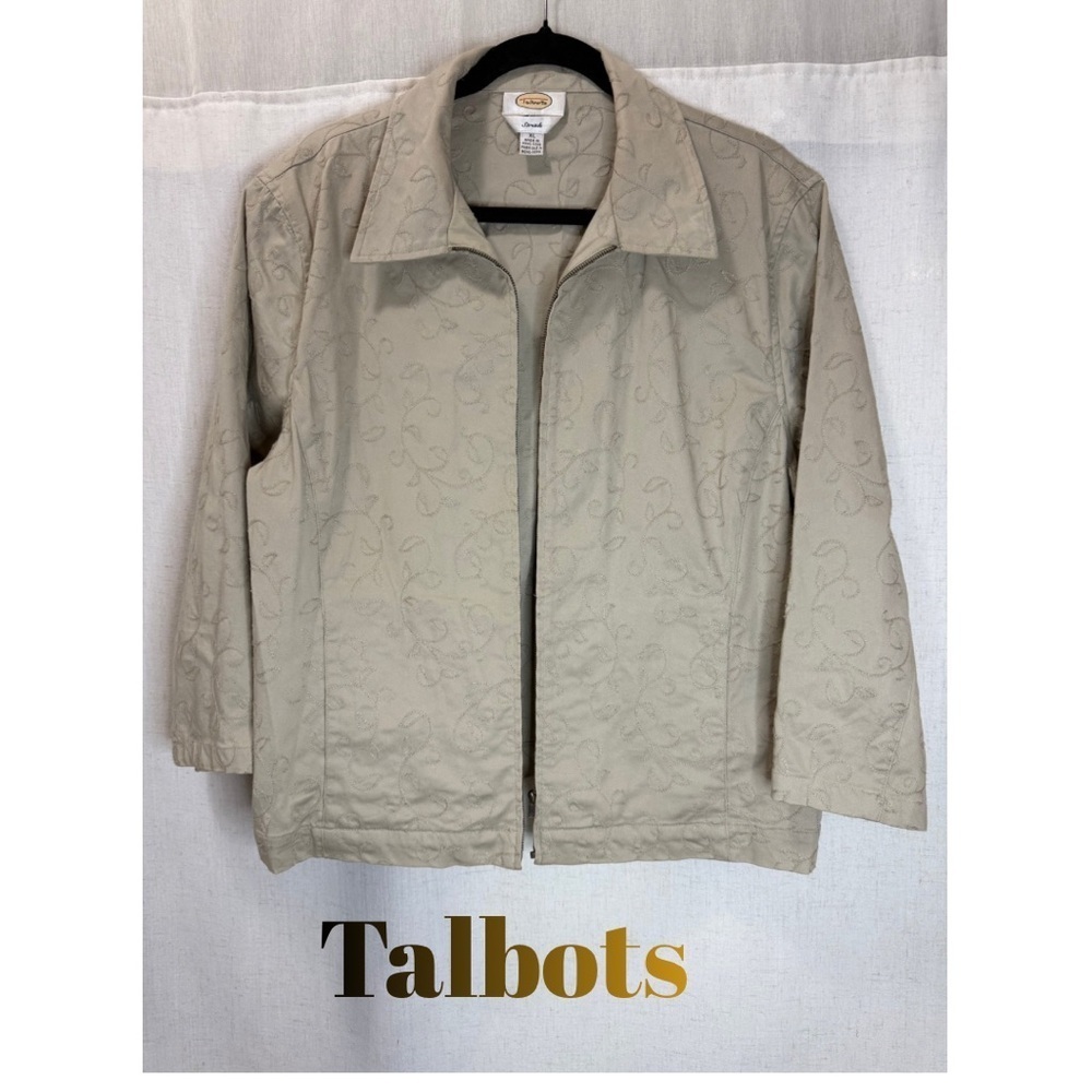 Talbots Beige Embroidered Zip Jacket Size XL Lightweight Spring Coat